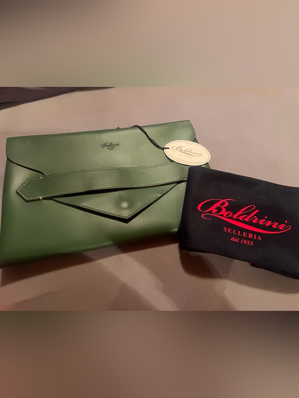 Boldrini Selleria Genuine Florentine Vacchetta Green Leather Envelope Clutch,new